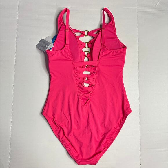 NWT Sz 14 Bleu Rod Beattie Pink One Piece Swimsuit Lace-Up Over Shoulder Resort - Picture 9 of 10